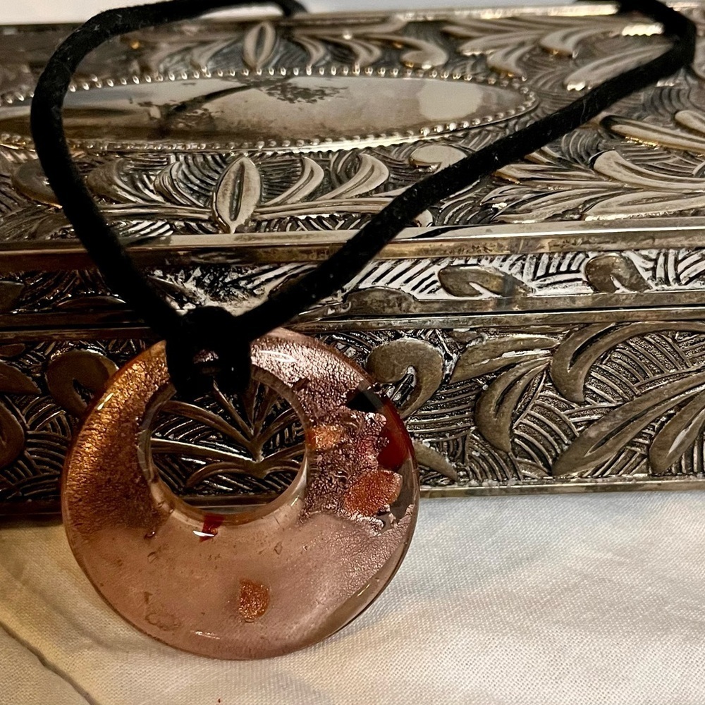 Handmade Dichroic Glass Donut Pendant Necklace Rose Pink Gold Fused Art Jewelry - Picture 7 of 17